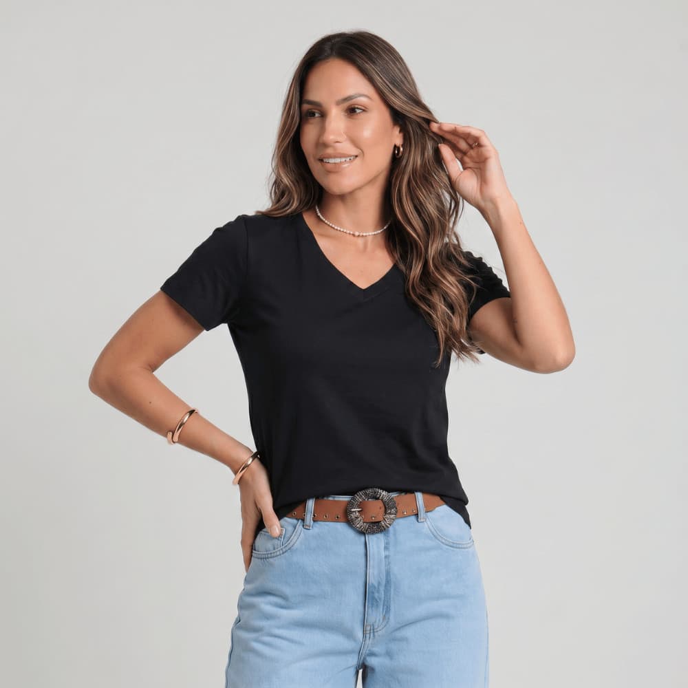 Camiseta Feminina Básica Gola V Algodão 100% Leve e Confortável Ideal para Dia a Dia Promoção