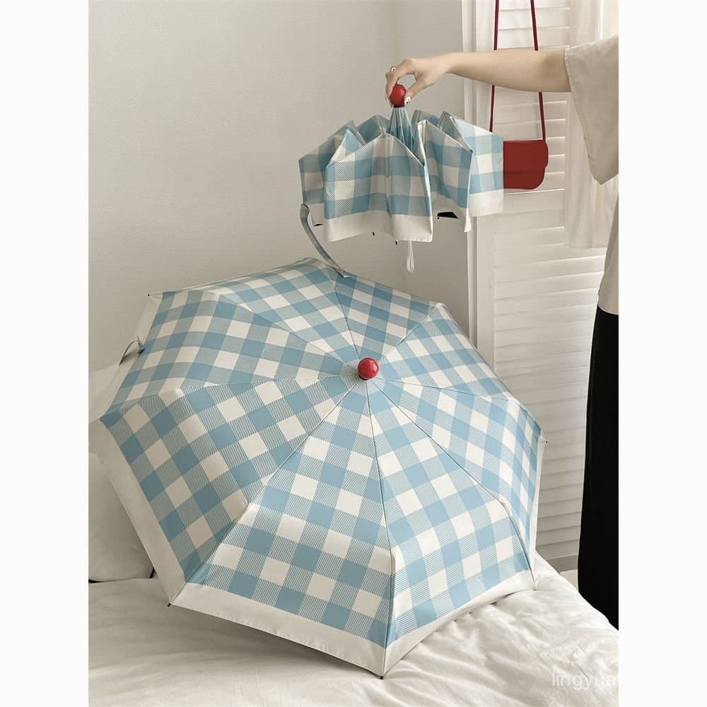 Guarda-chuva xadrez simples, proteção UV, guarda-chuva dobrável para mulheres, dupla função para sol e chuva, guarda-chu