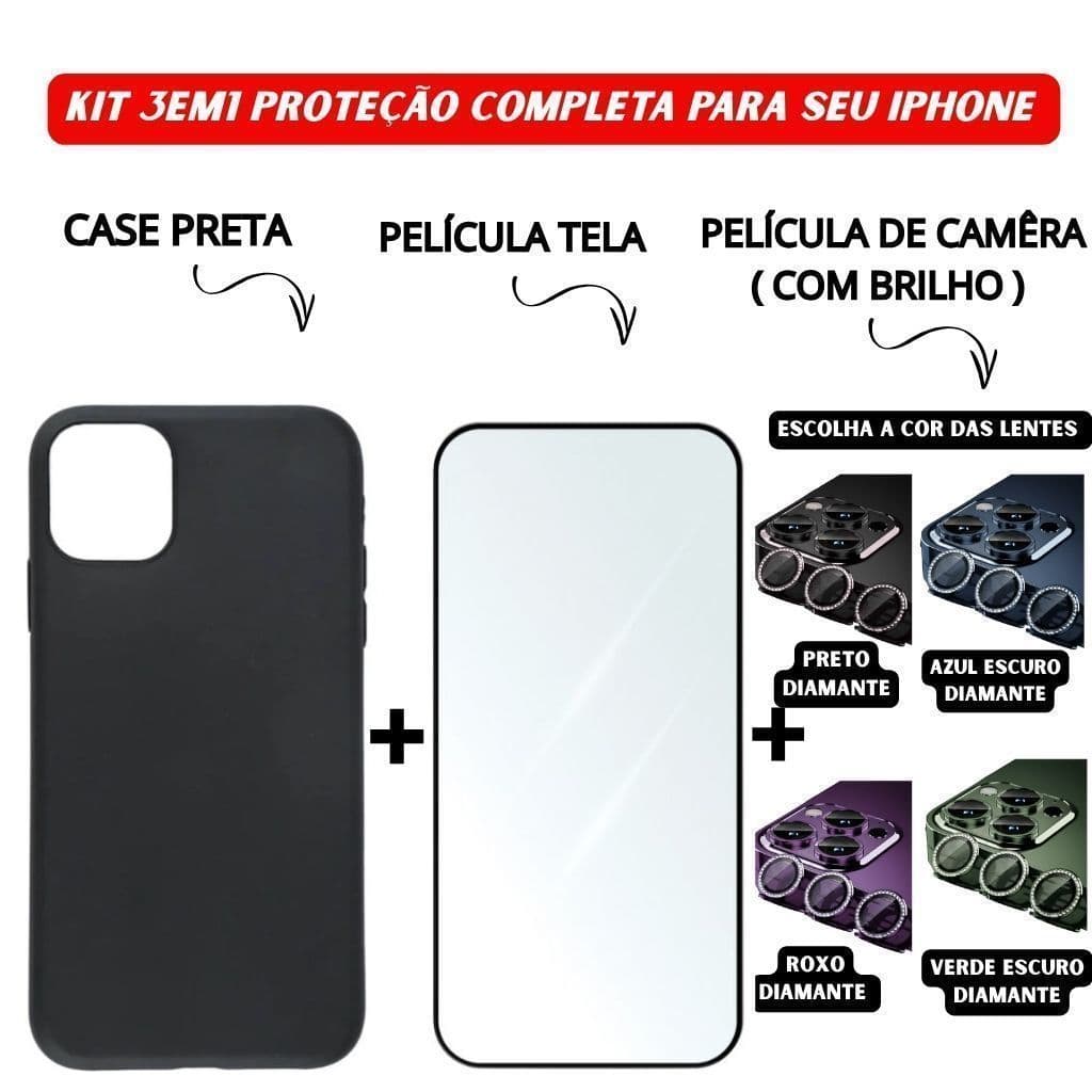 Kit 3em1 Case Preta+Película de Vidro Temperado 3D+Película Câmera Diamante Para iPhone 11 12 13 14 15 16 Pro Max