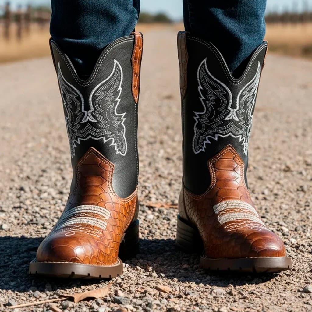 Bota Texana Infantil Masculina em Couro Marrom Estampa de Cobra Bico Redondo Kapell