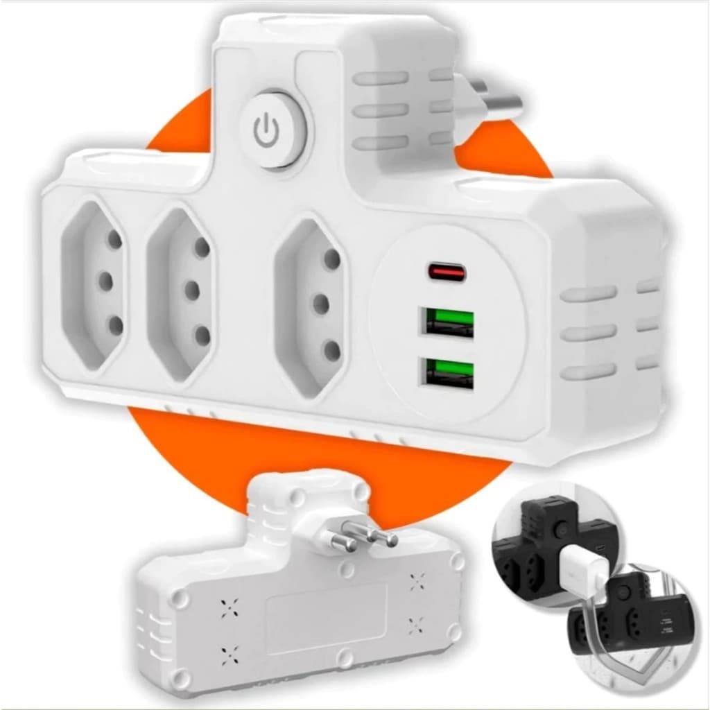 Conector De Extensão Portátil 3 Universal Plug Carregador Rápido 2 Usb 1 Tipe-C Adaptador de Tomadas 3 Pinos