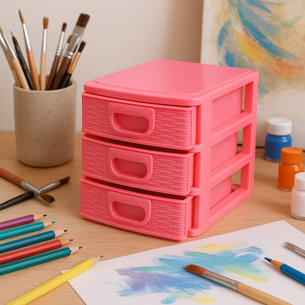 Gaveteiro Organizador De Mesa Micro Porta Tudo Plástico Compacto 3 Gavetas Cor Rosa