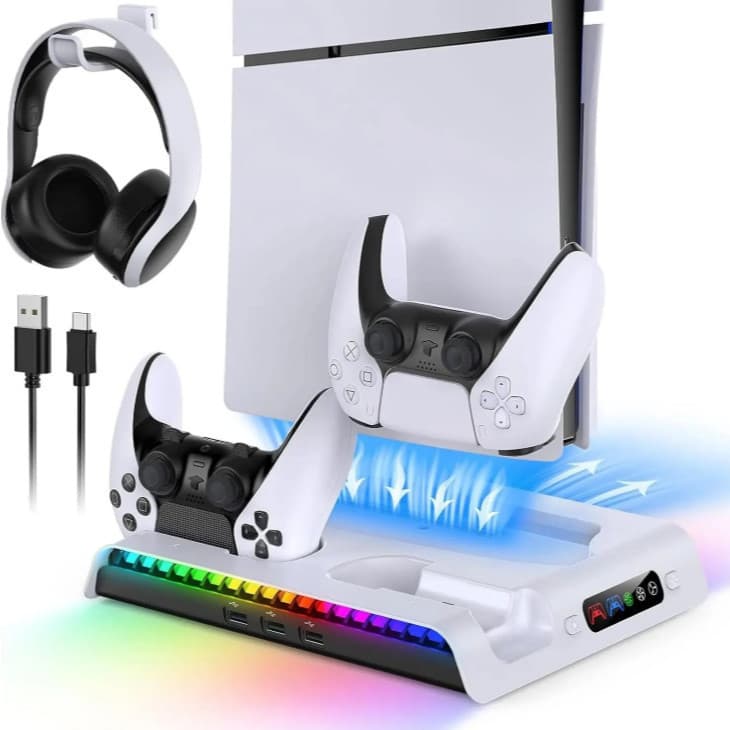 Suporte Base Vertical PS5 Slim Com Led RGB Carregador Fan