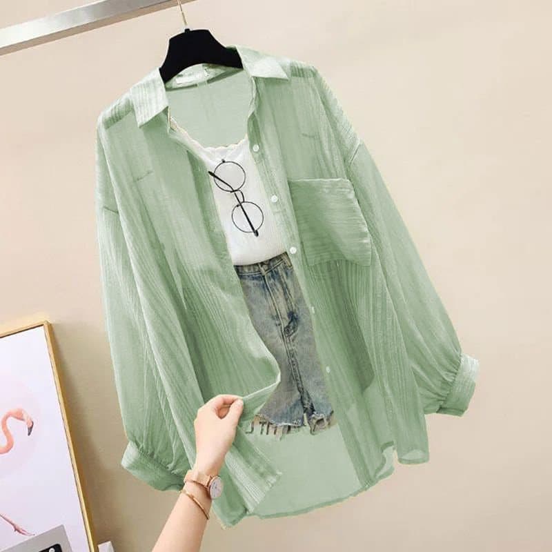 Protetor solar roupas femininas Cardigan jaqueta fina 2024 verão tamanho grande novo estilo Chiffon camisa versão corean