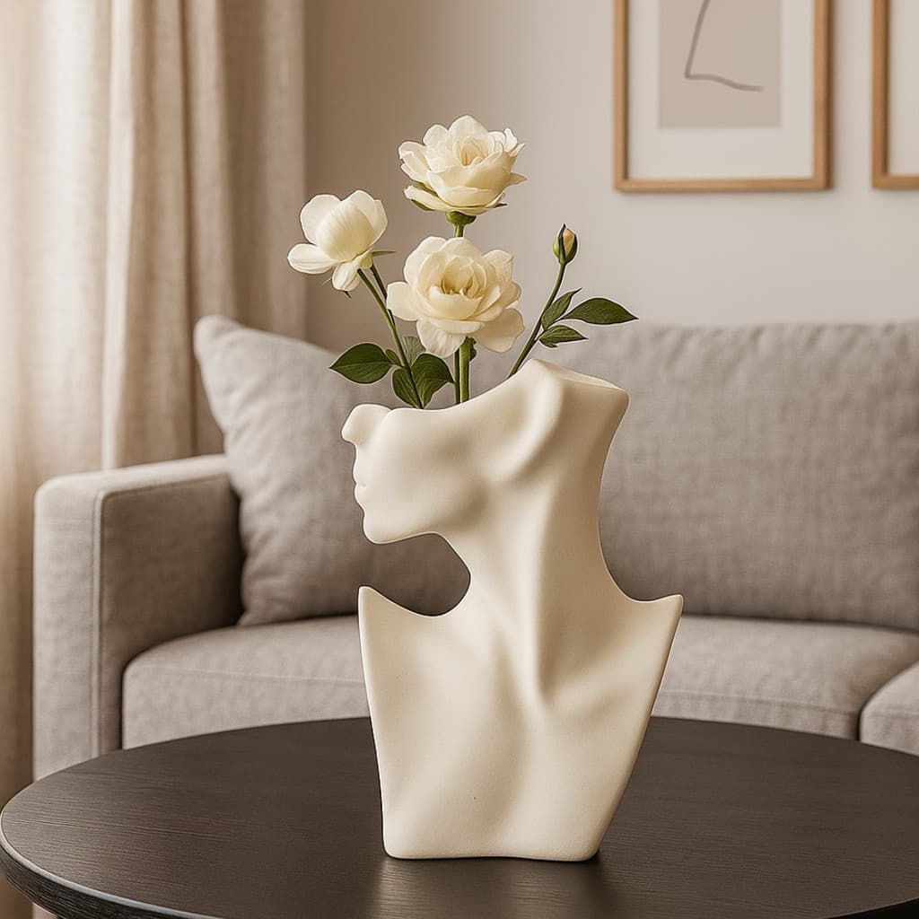 Vaso Decorativo Rosto Feminino Branco e Marfim 17cm Moderno Sala Frida