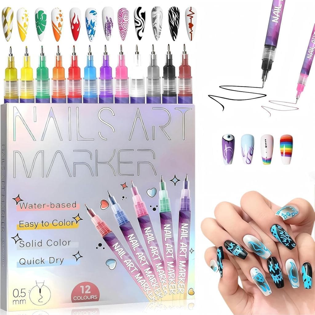 Conjunto de 12 Canetas para Nail Art, Marcadores de Unhas de 0,5mm para Nail Art, Canetas de Esmalte à Prova d'Água e de