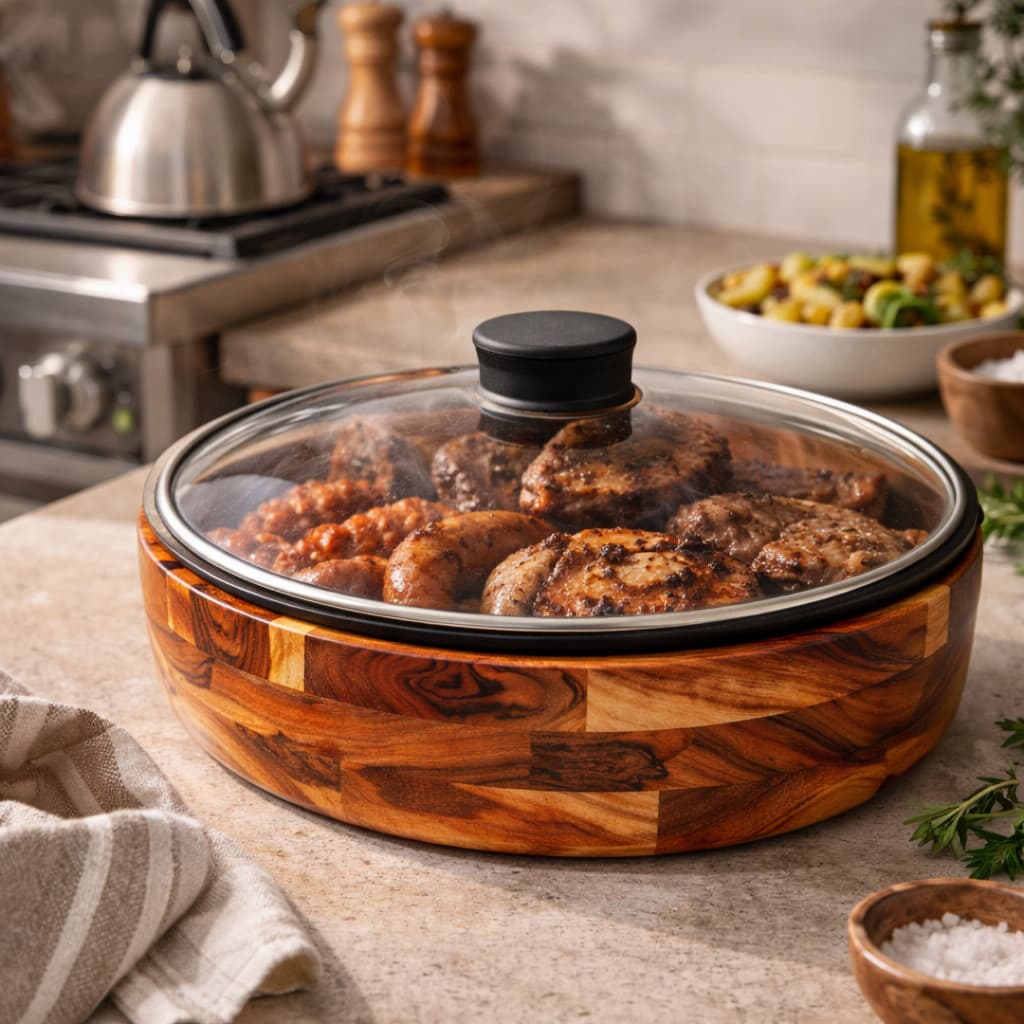 Tábua de Carne Para Churrasco e Corte de Carne Com Tampa E Forma para Servir Madeira Teca 43cm