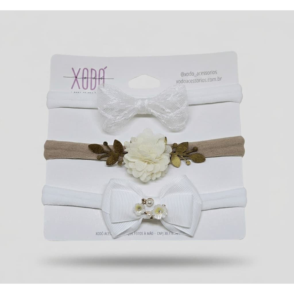 Kit 3 Tiaras meia de seda Faixas Bebê com Laço em Meia Calça Elegante Batizado para Festas Macio Aniversario