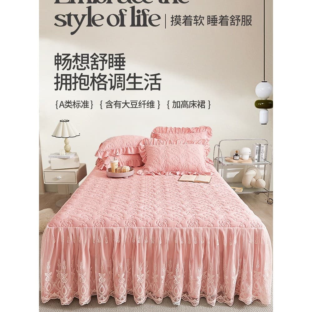 Langsha princesa estilo classe A engrossado acolchoado renda saia de cama de uma peça quatro estações lençol capa de cam
