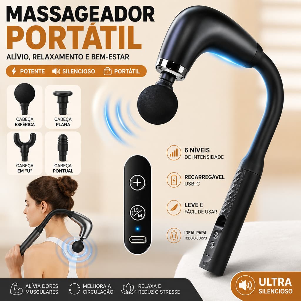 Massageador Gun Portátil Alongado Muscular 4 em 1 Com 6 Velocidades 3 Modos Para Pescoço Cintura E Ombro Ergonômico