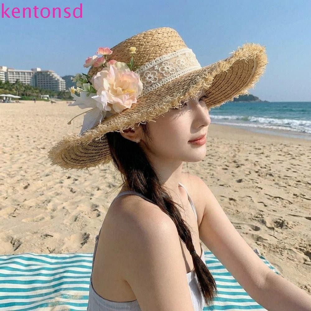 Boné Plano KENTONSD Weave , Chapéu De Palha Com Borda De Borla E Viseira Praia De Aba Larga Estilo Coreano