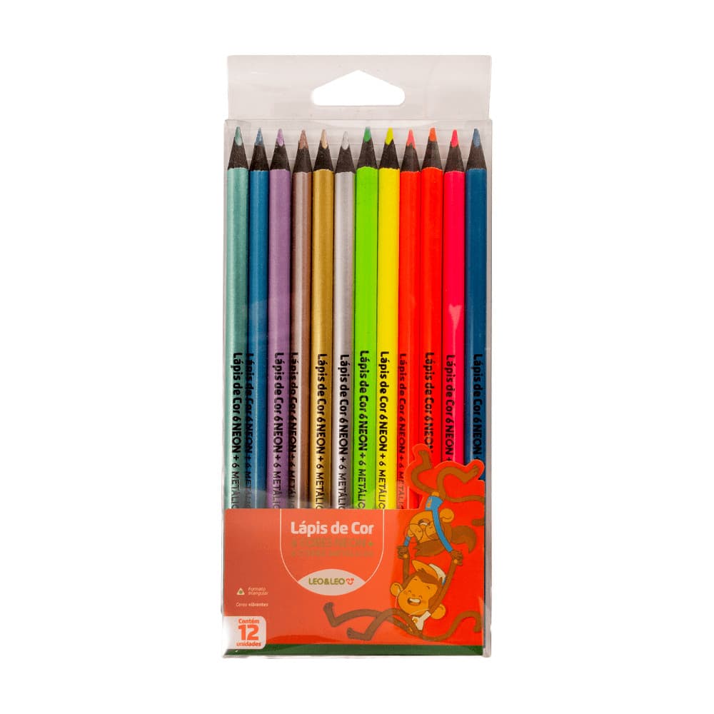 LÁPIS DE CORES ESPECIAIS 12 CORES NEON + METÁLICA MADEIRA LEO&LEO