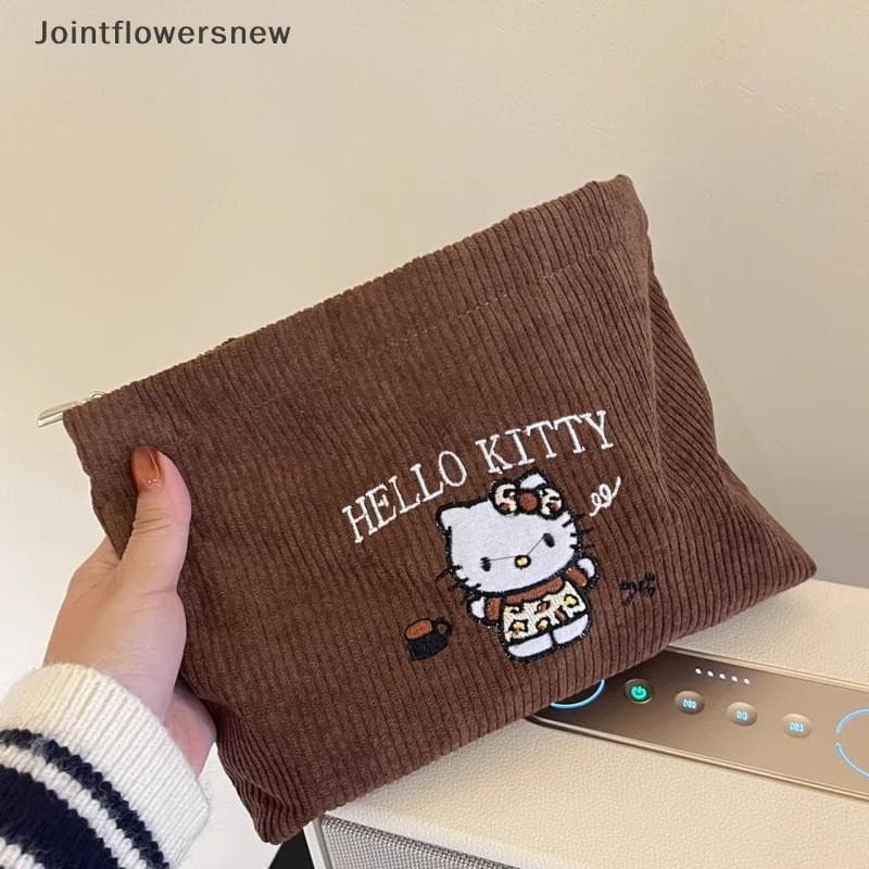 JTN Sanrio Hello Kitty Marrom Veludo Bordado Kt Gato Bolsas Kawaii Saco De Cosméticos Periferia Adorável Armazenamento P