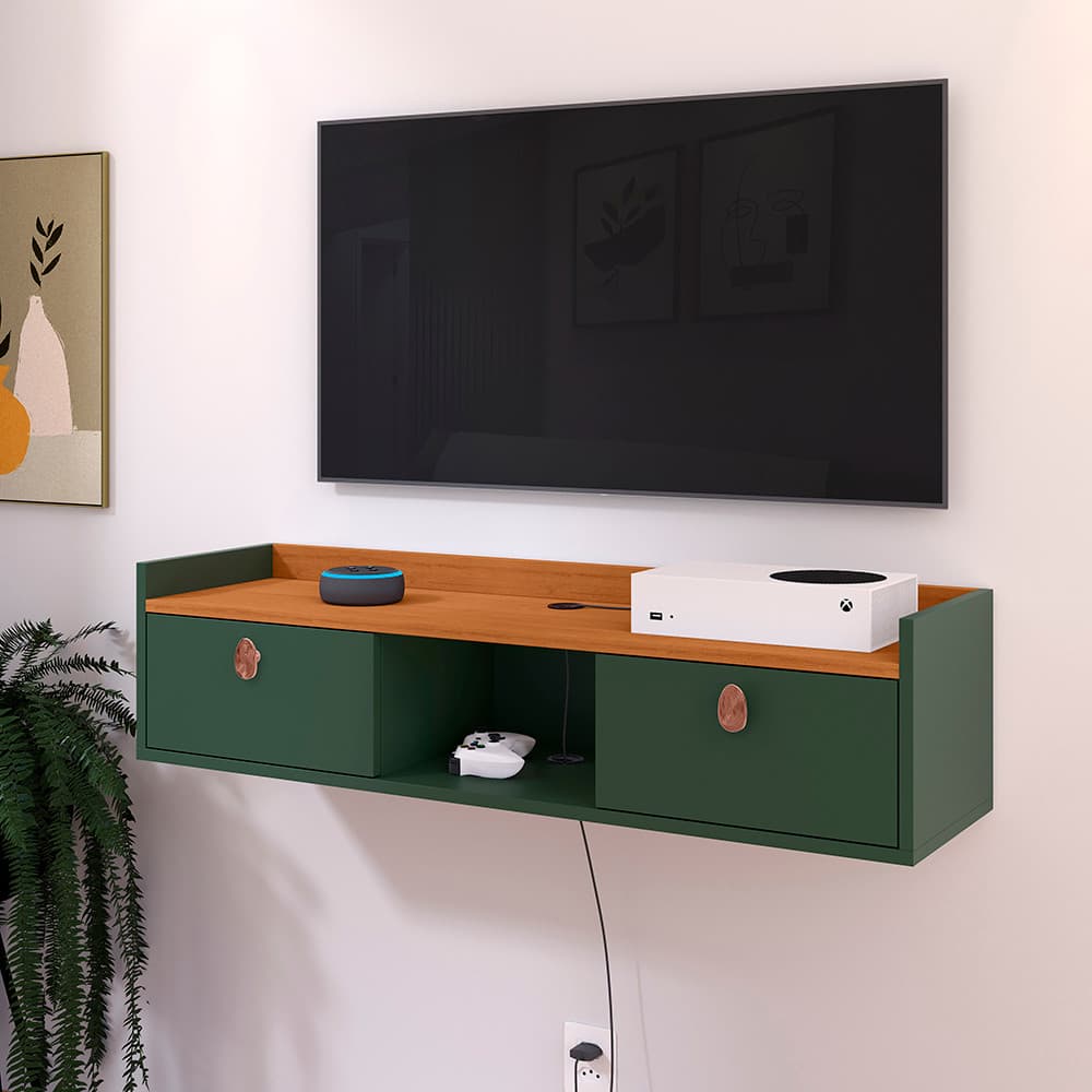 Rack TV Suspenso Organizador Sala de Estar Cine Home Prateleira 2 Portas Basculantes Puxador Amalfi Decorativo Vegas