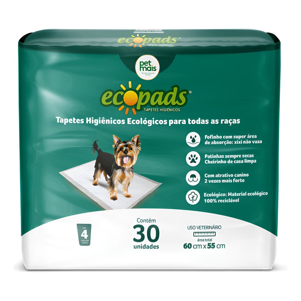 Tapete Higiênico Petmais Cães Eco pads Baby Secão 60x55 30 Unidades