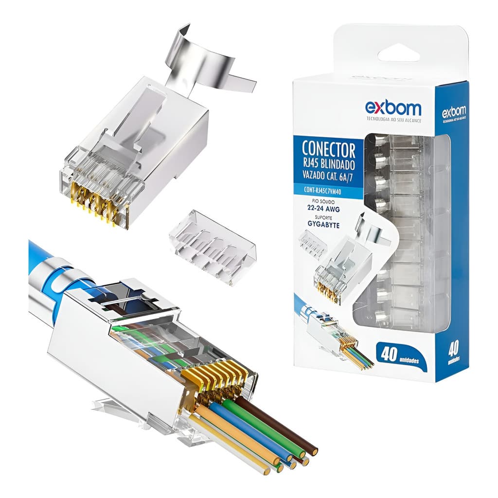 Kit 20/40 Conectores RJ45 Blindados EZ Crimp Vazado Cat7 Cat6a - Alta Performance e Proteção EMI