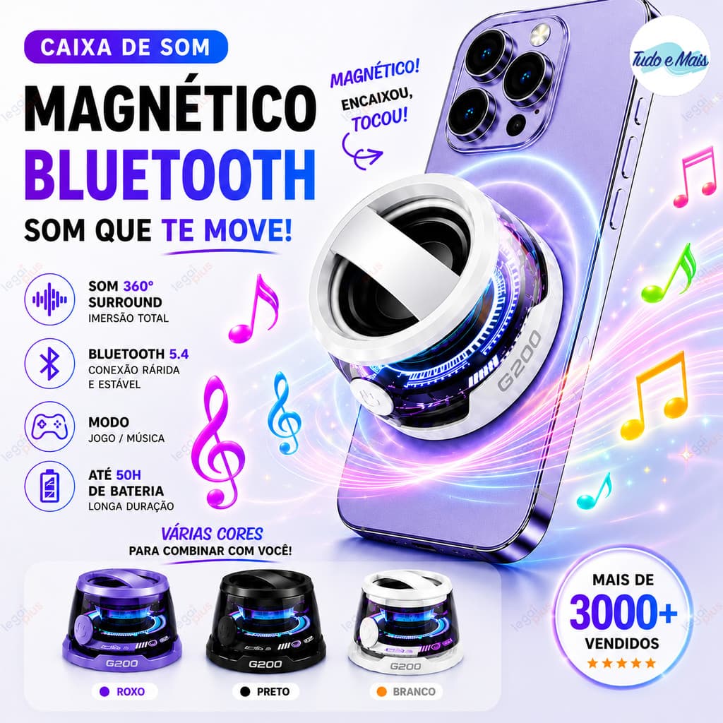 Caixa de Som Portátil Bluetooth com LED – Mini Speaker Magnético RGB, À Prova d’Água