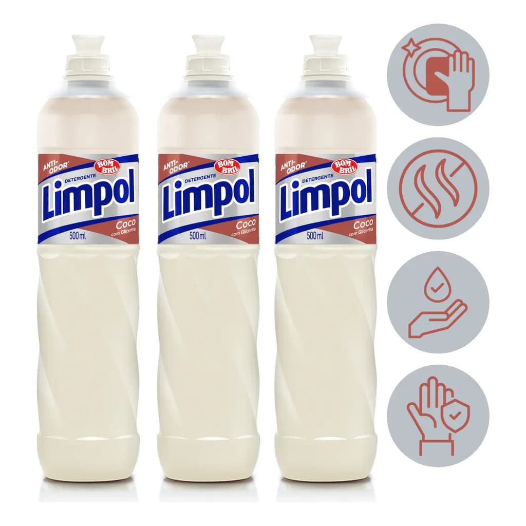 KIT 3 Detergente Líquido Limpol Coco 500 Ml