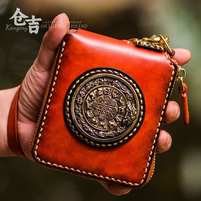 T Clássicos Tibetanos!Carteira Jiugong!Cangyoshi Bolsa masculina de couro artesanal com zíper curto retrô Casual