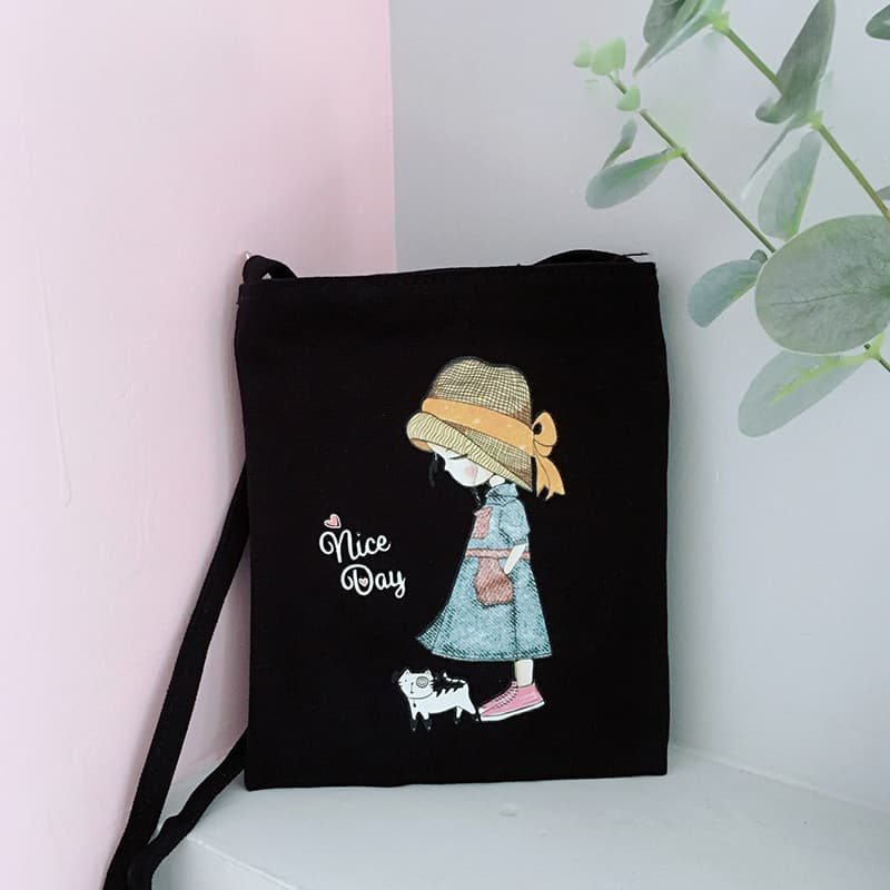 Bolsa feminina mensageiro simples All-Match estudante bonito outono inverno bolsa de lona bolsa de ombro fresco preto Hi