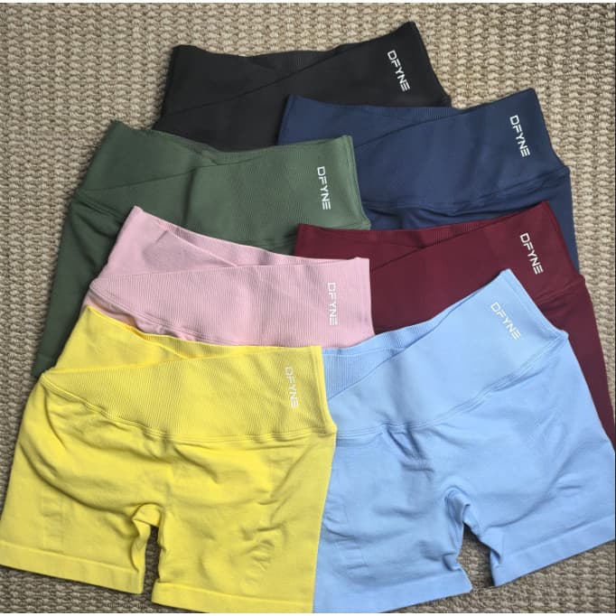 DF novo estilo série de visão cintura cruzada três pontos esportes Yoga shorts feminino alta elástica shorts Fitness