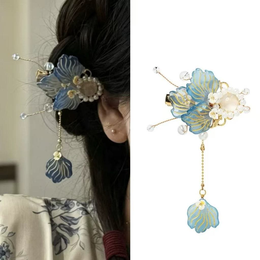 Novo estilo chinês azul Koi flor borla Duckbill clipe antigo franja clipe lateral peixinho grampo de cabelo