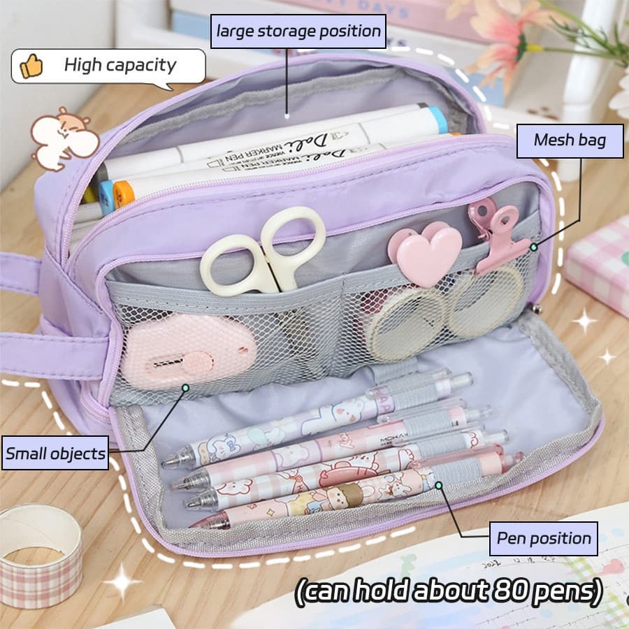 Estojo De Lápis Lona Púrpura De Grande Capacidade Rosa Kawaii Fofo Cosmético Bonito De Volta Para A Escola Estudantes