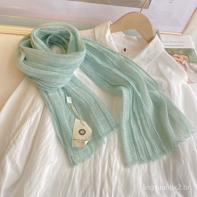 Lenço Versátil de Algodão e Linho em Cor Sólida para Mulheres, Estilo Fino para Primavera e Outono, Lenço Plissado para