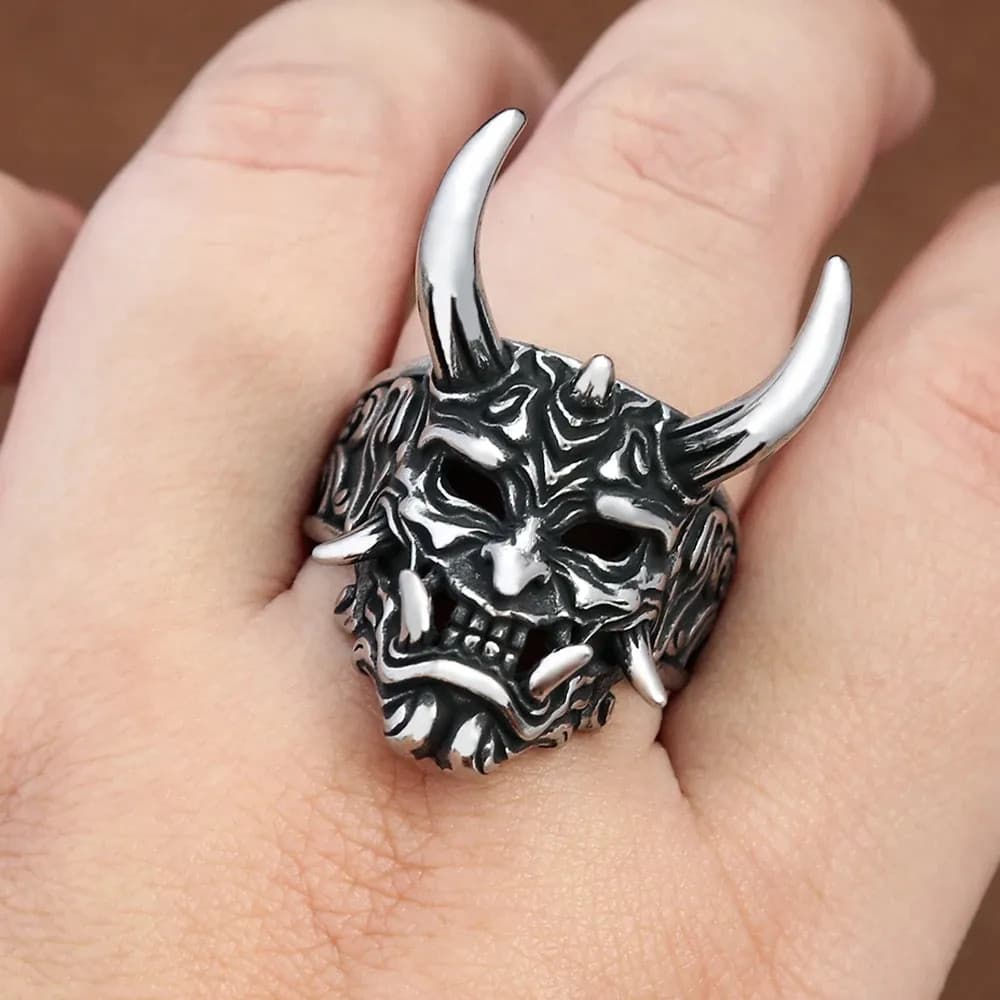 Anel Em Aço Inox Demônio Diabo Satan Lúcifer Samaurai Hannya
