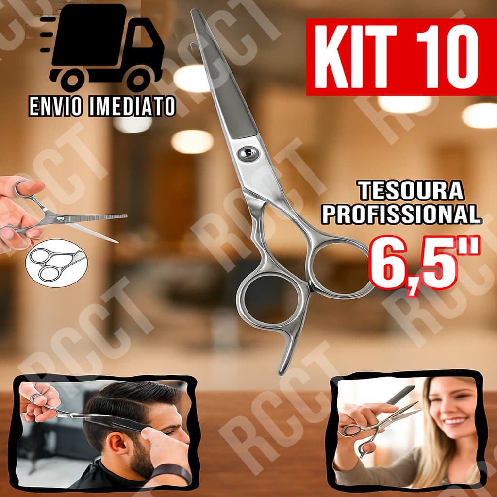 Kit 10 Tesoura Profissional 6,5" Para Corte de Cabelo Barbeiro e Salão