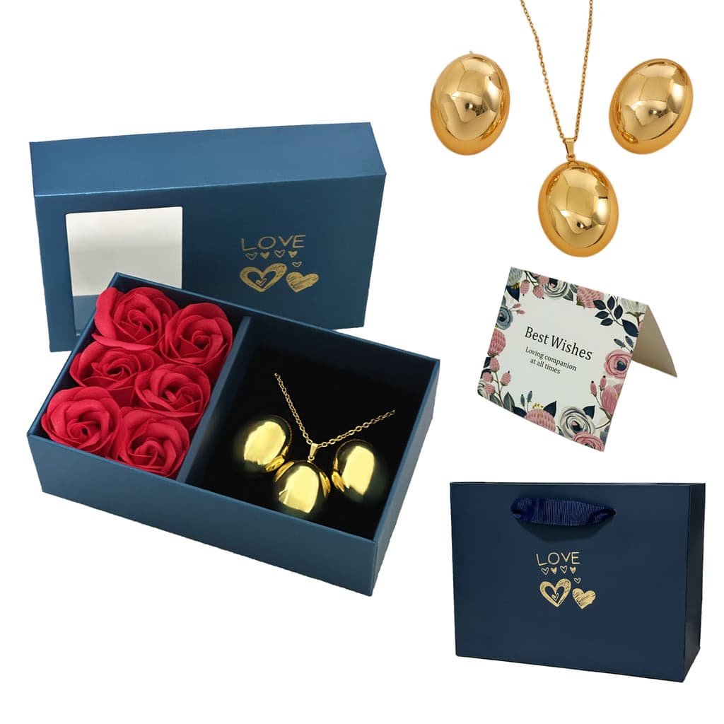 Conjunto joias douradas geométricas: colar e brincos femininos, caixa com rosas eternas, presente romântico
