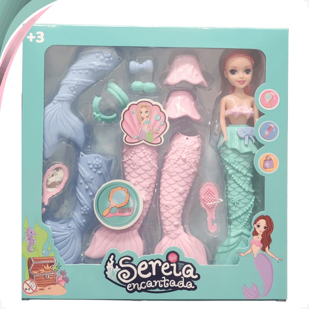 Boneca Sereia Encantada Kit Completo 13 Peças Com Acessórios Brinquedo Infantil Menina