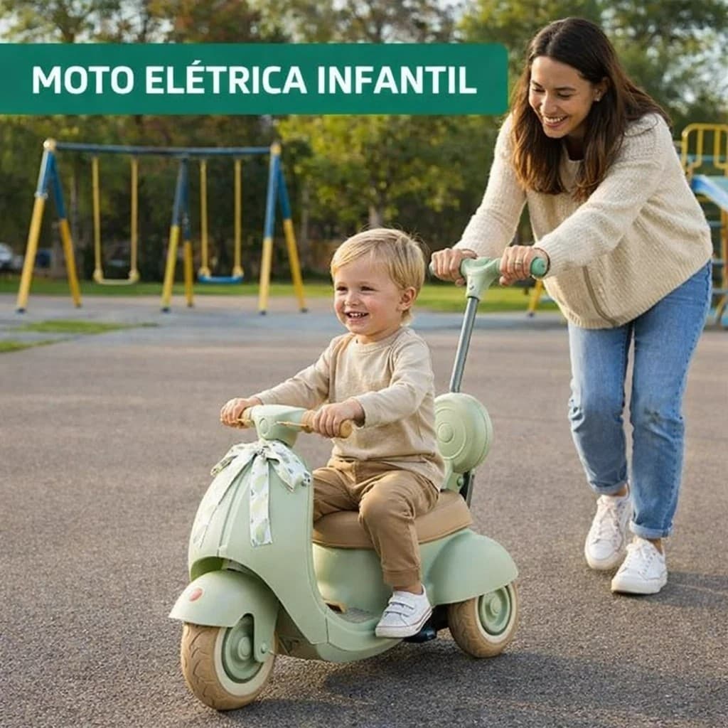 Moto Elétrica Infantil Rosa 6V com Rodinhas Estabilizadoras e Empurrador, Veículo para Crianças com Segurança e Diversão