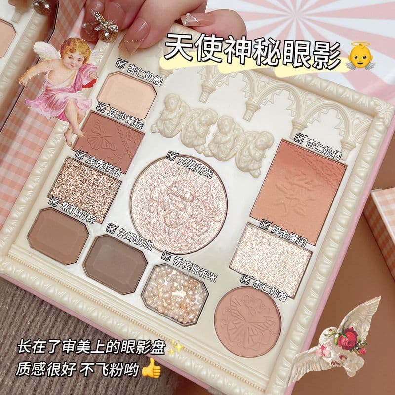 Paleta de sombras em relevo Angel Mystery!Pérola fino brilho destaque Blush contorno paleta tudo-em-um capaer sombra dez
