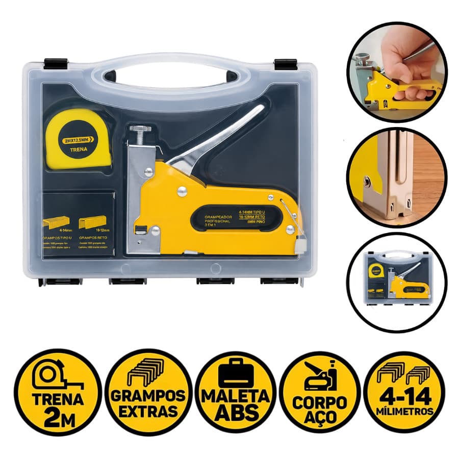 Grampeador Tapeceiro com Trena 2 Metros + 1000 Grampos e Maleta