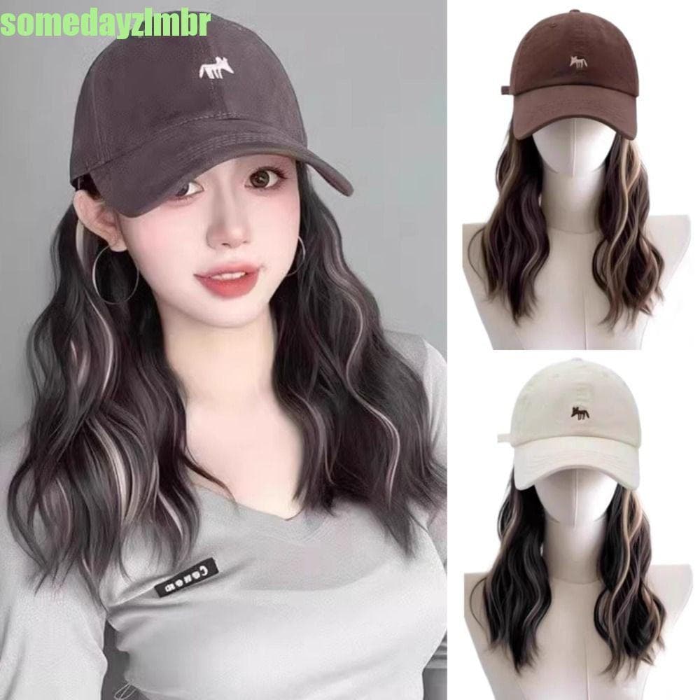 SOMEDAYZL0M Boné De Beisebol Com Peruca , De Uma Peça , Cabelo Longo Ondulado De Água , Sol Ajustável Chapéu