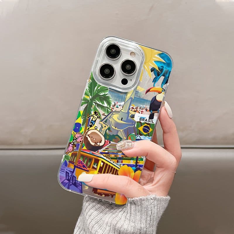 Capa de telefone transparente Carnaúba Tropical Design, com padrões de palmeira, tucano e ônibus, adequada para iPhone 1