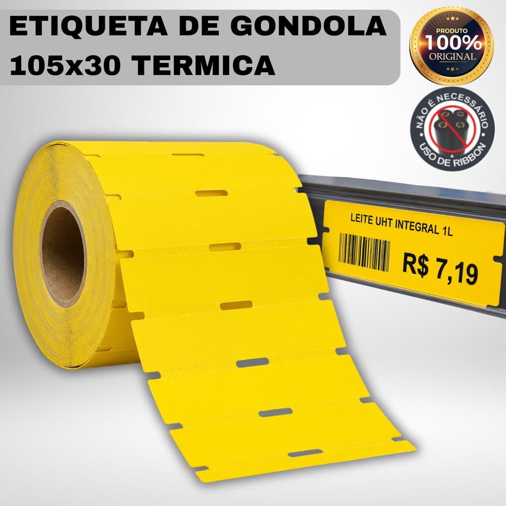 Rolo Etiqueta Térmica Gondola 105x30 Amarela NÃO USA RIBBON