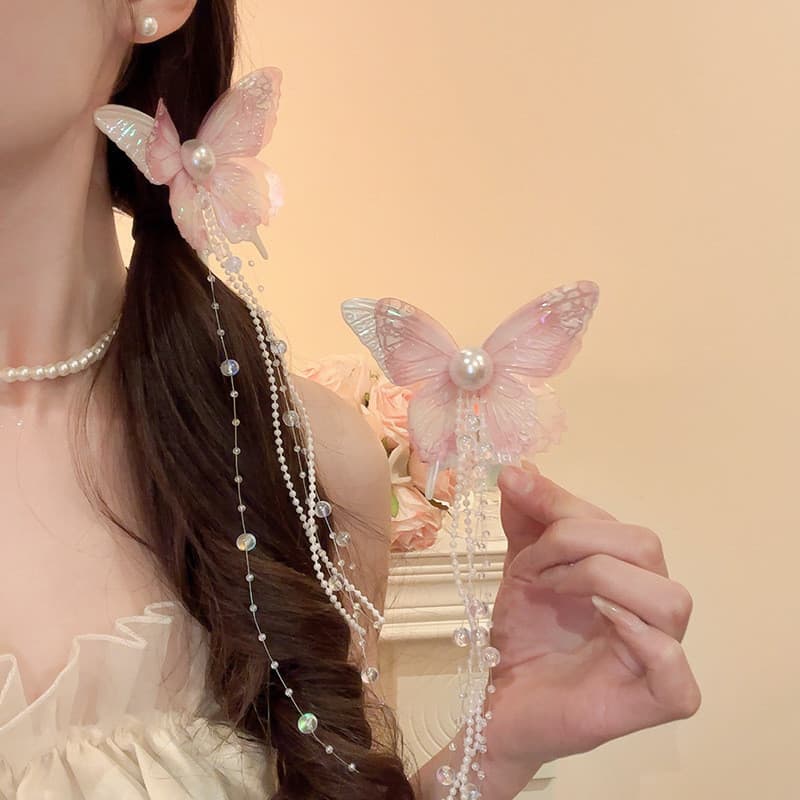 [Estoque pronto] Doce rosa arco pérola borla grampo de cabelo Super fada menina cabelo quebrado clipe lateral clipe plan