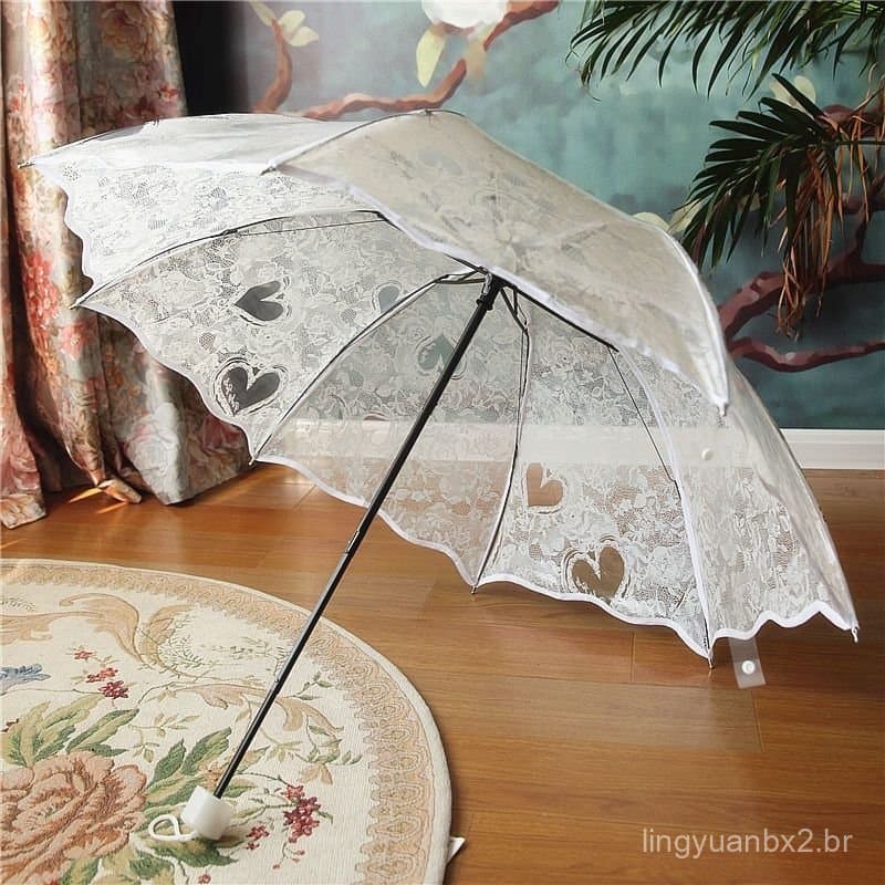 Guarda-chuva Peixin de Verão com Acabamento em Renda, Branco Transparente com Estampa de Coração, Guarda-chuva Criativo