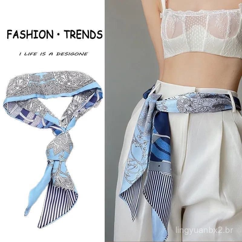 Cinto de lenço longo de seda com padrão de caju para mulheres, adequado para combinar com jeans, como acessório de pesco