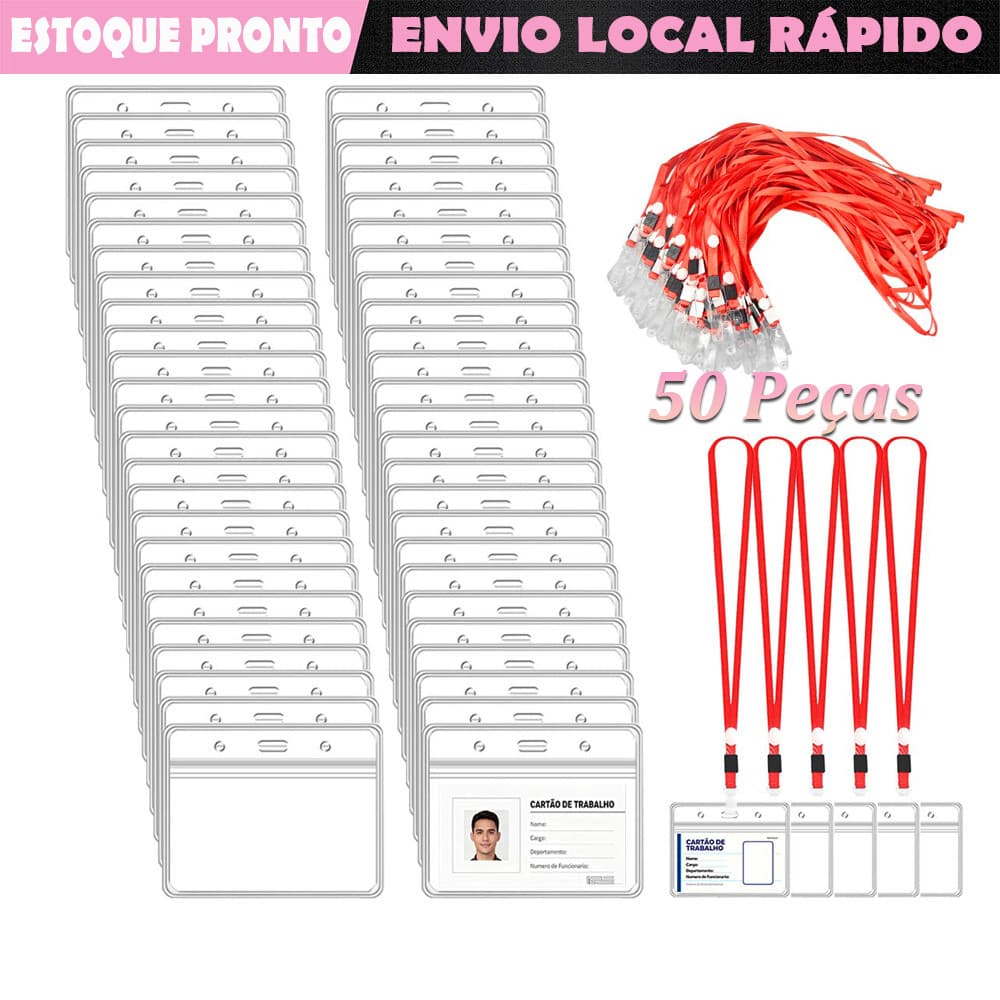 50 pçs porta-crachás de identificação Vermelho cordão porta-crachás de plástico selável à prova d'água horizontal padrão