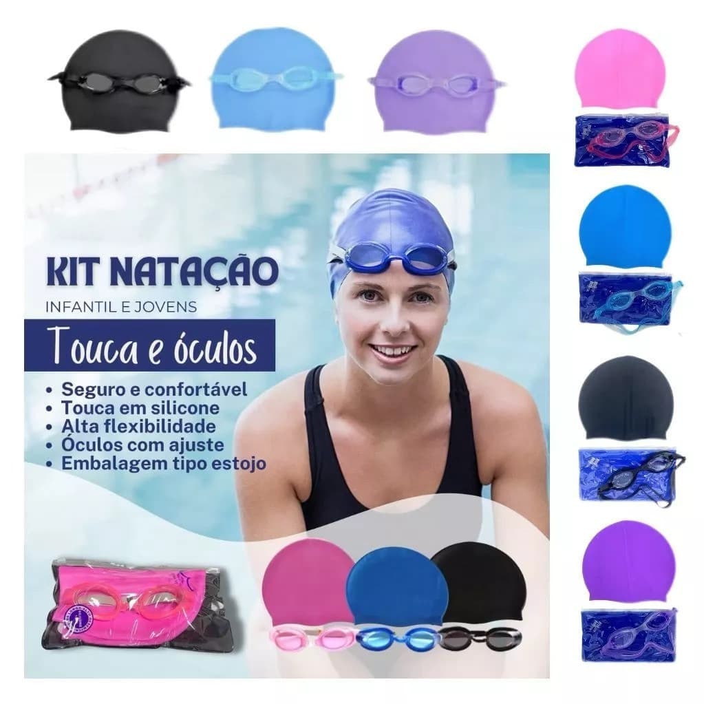 Kit Natação Com Óculos e Touca Piscina Praia Adolescente e Adulto
