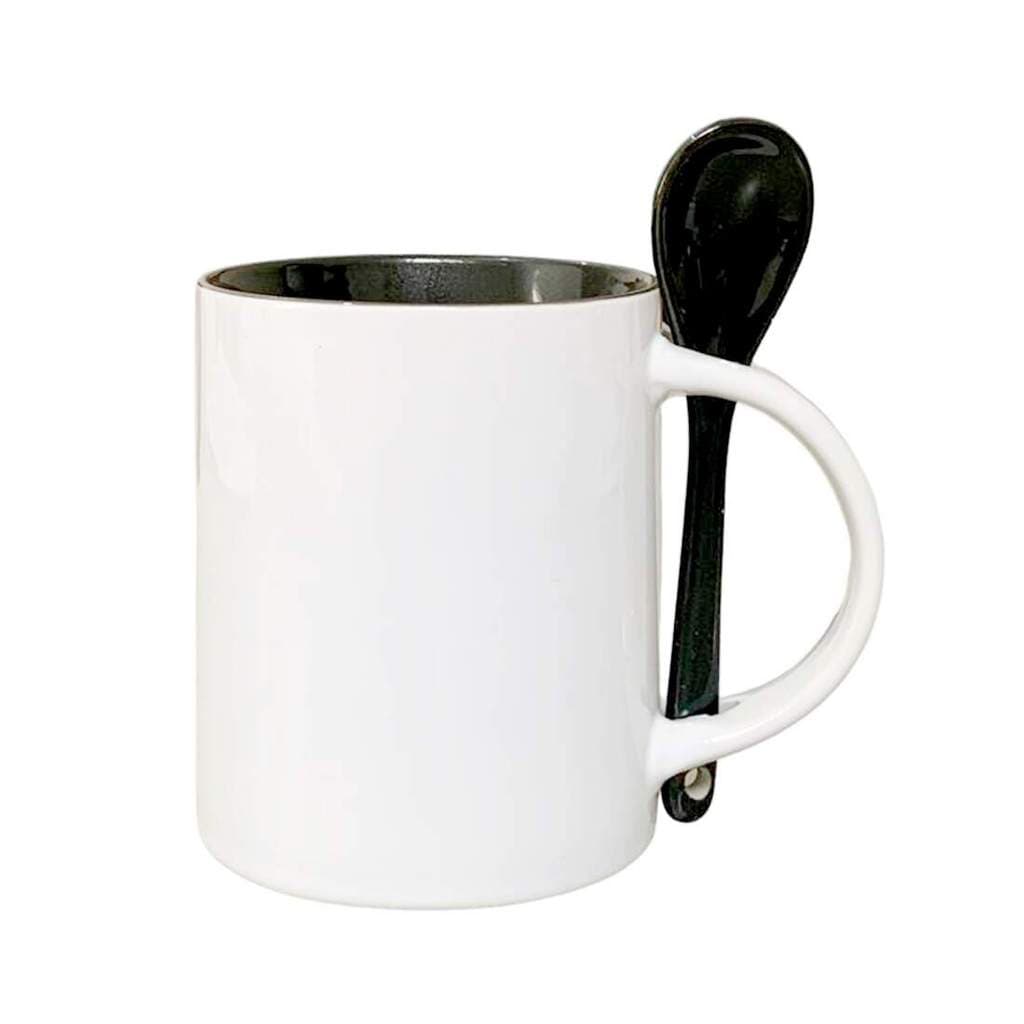 Caneca de Cerâmica Reta com Interior e Colher Preto para Sublimação - 325ml