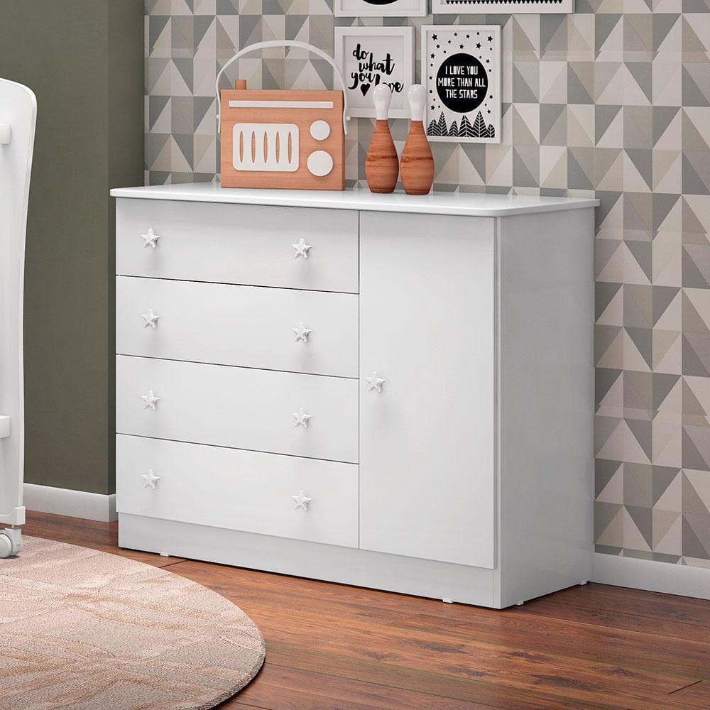 Comoda Sapateira 1 Porta 4 Gavetas Branco/Branco- Qmovi
