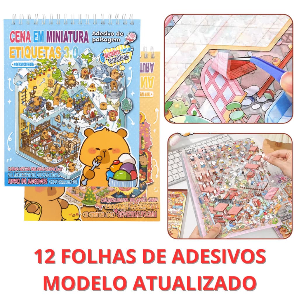 Caderno Adesivos Capivara 3d 8 Cenários + Pinça para Montar Seu Mini Mundo Miniatura Atividade