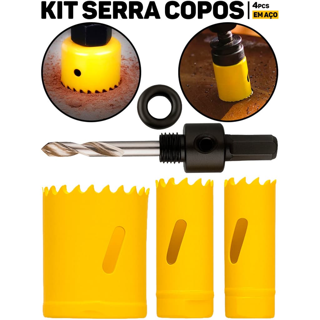 Kit Jogo Serra Copo Aço 4 Peças P/ Furadeira Elétrica Madeira PVC Plástico Uso Geral