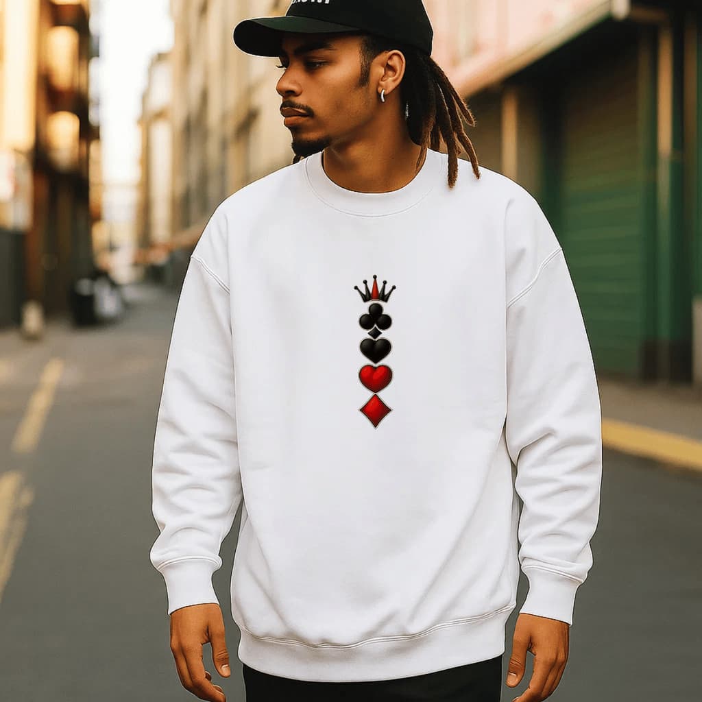 Moletom Masculino Gola Redonda Casaco Estampado Naipes 100% Algodão Blusa de Frio Careca Unissex Jaqueta Inverno