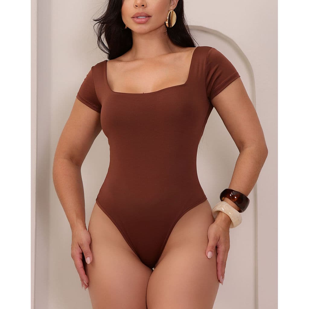 Body Feminino Manga Curta Decote Quadrado Suplex Forro Duplo Moda Feminina Body Básico