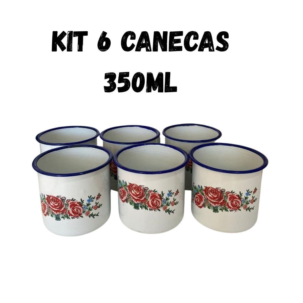 Kit 6 Canecas Brancas Esmaltadas Florida 350ml Café Chá Branco Florido